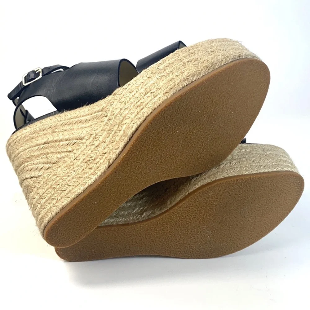 Ouigal Anthropologie Leather Woven Straw Platform Wedge Sandals